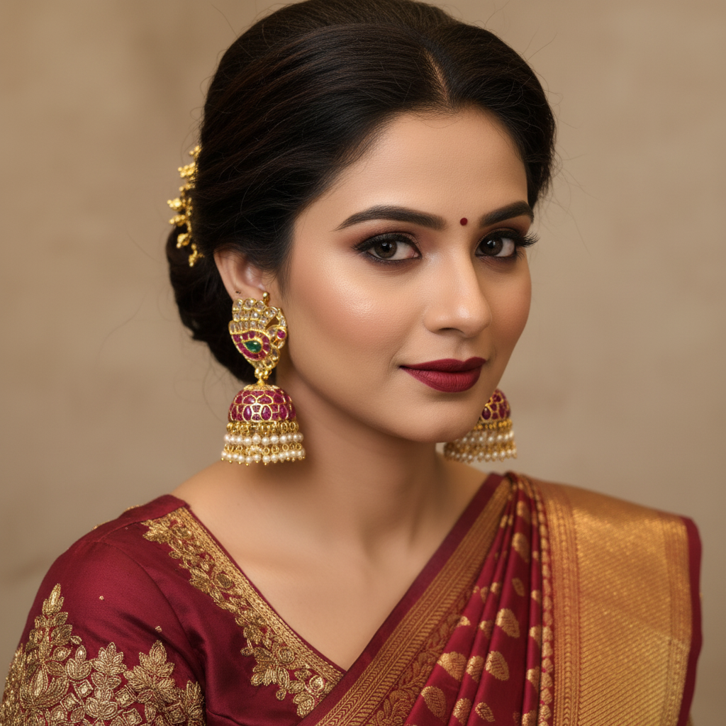 Peacock Fan Kempu Kundan Jhumka - Model Wear