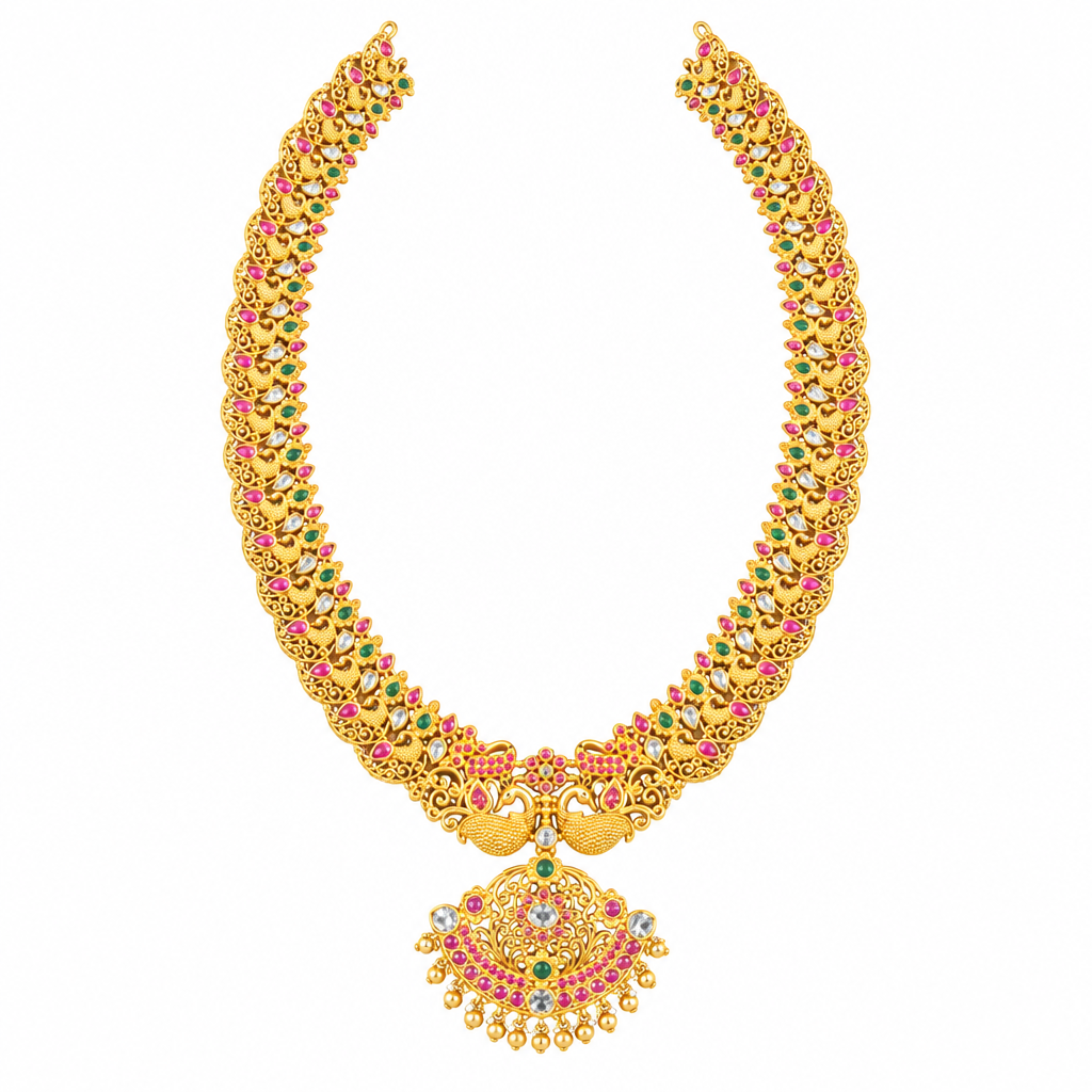 Traditional kempu polki mango haram necklace, full white-background view
