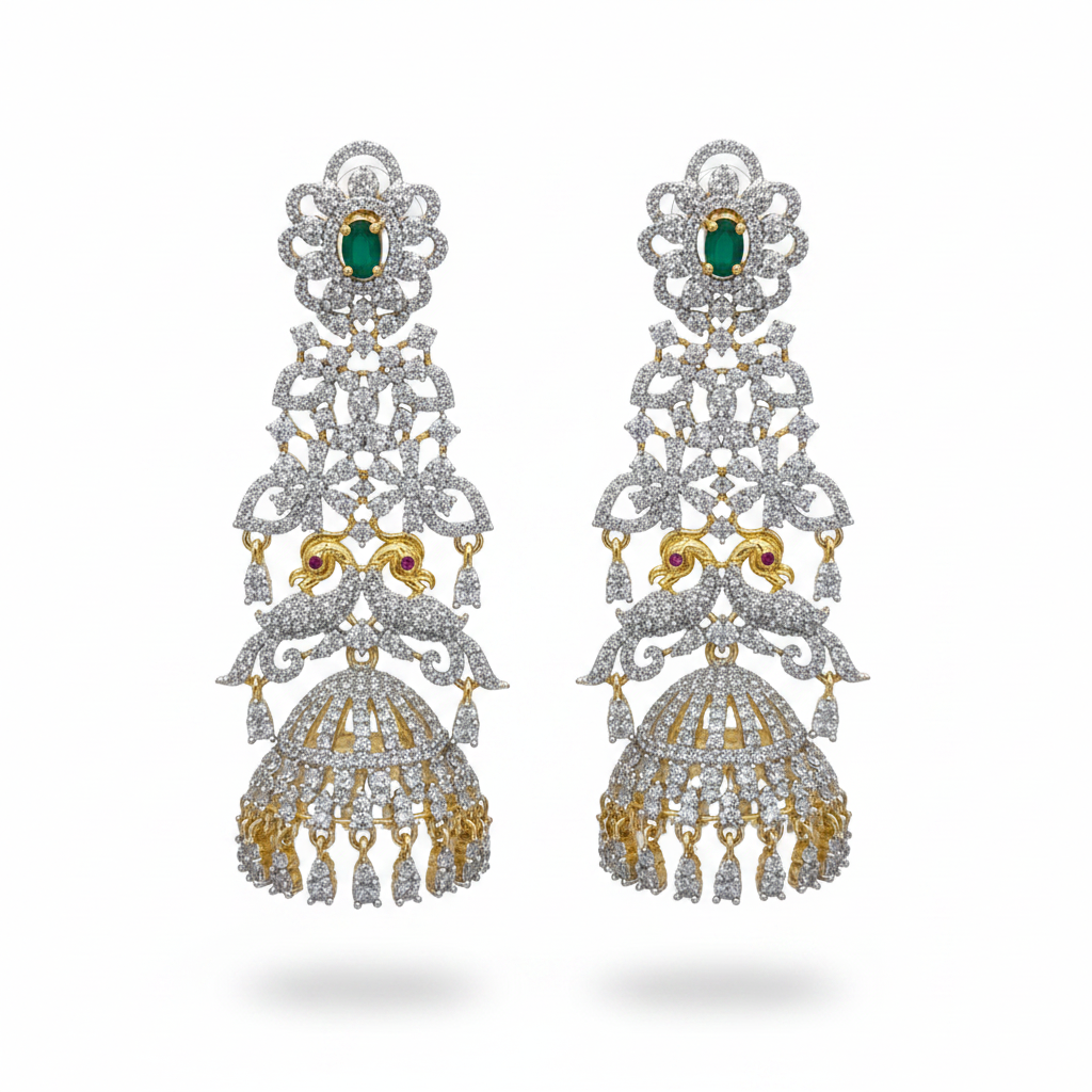 Diamond Replica CZ Jhumka Earrings - White Background