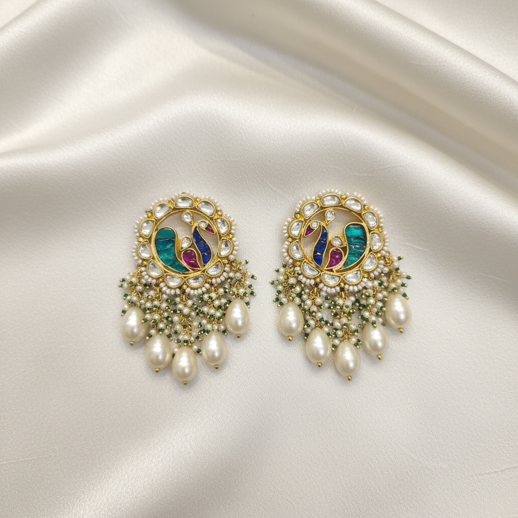 Jadau Kundan Peacock Earrings on ivory silk flat lay
