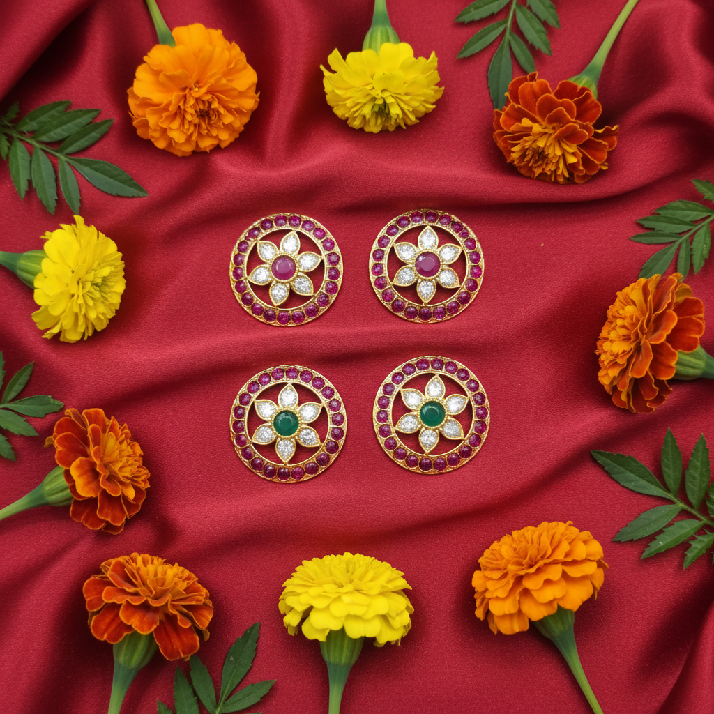 Both variants Kempu Kundan stud earrings festive flat lay
