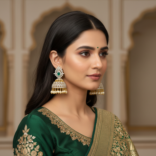 Model wearing CZ Pearl Drop Jhumki Earrings