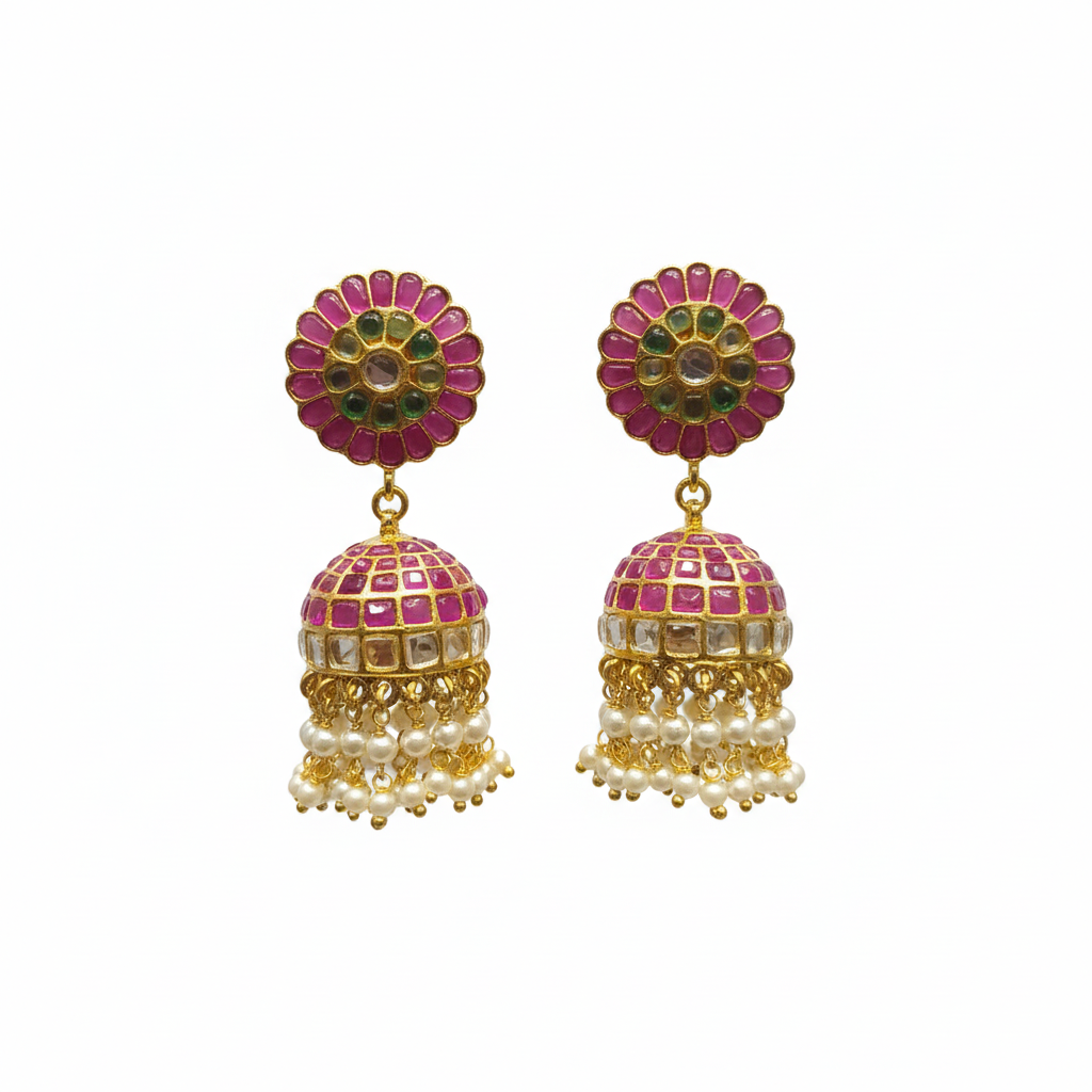 Pink Kempu Flower Stud Kundan Jhumka - White Background