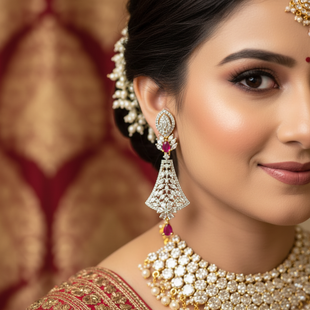 CZ Marquise Kite Chandelier Earrings - Ruby Pink On-Model Bridal Shot