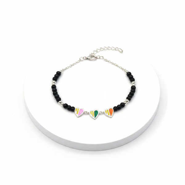 92.5 Silver Kids Bracelet with Pastel Striped Enamel Heart Charms on white background