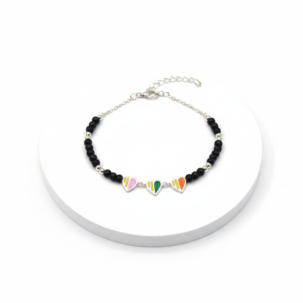 92.5 Silver Kids Bracelet with Pastel Striped Enamel Heart Charms on white background