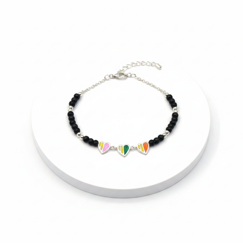 92.5 Silver Kids Bracelet with Pastel Striped Enamel Heart Charms on white background