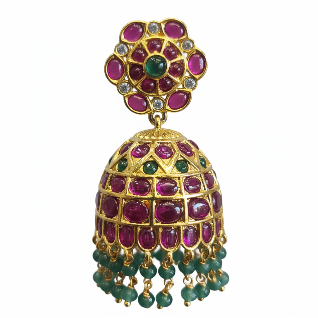 Emerald Kempu Jhumka - Macro Gemstone Detail