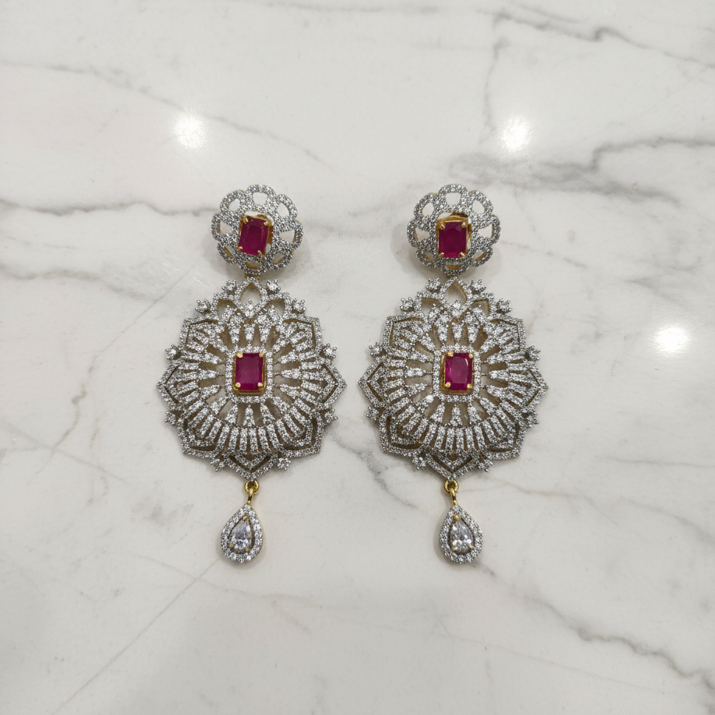 CZ Sunburst Floral Drop Earrings - Flat Lay Marble