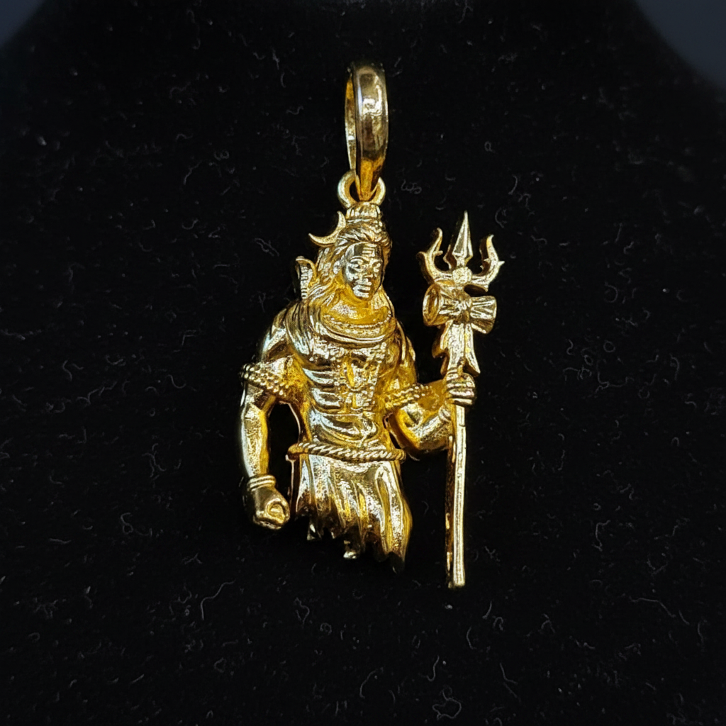 Close-up macro of Lord Shiva gold pendant showing trishul and intricate carving detail
