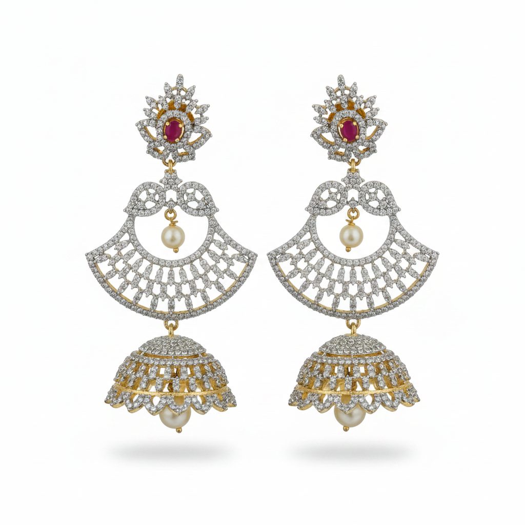CZ Diamond Fan Chandbali Jhumka – white background