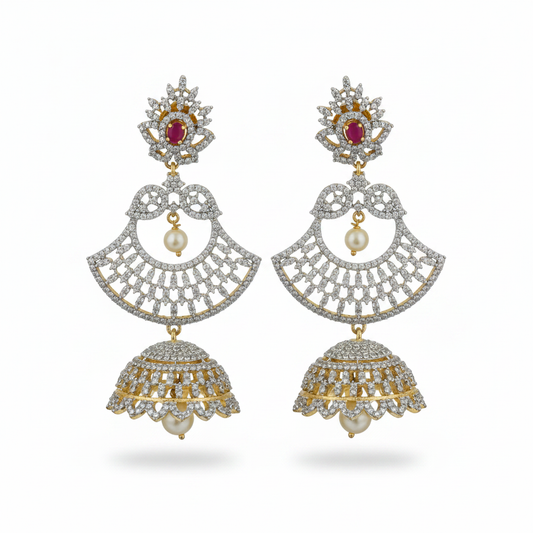 CZ Diamond Fan Chandbali Jhumka – white background