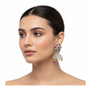 Model wearing CZ diamond hexagonal jhumka earrings pink ruby variant, white background
