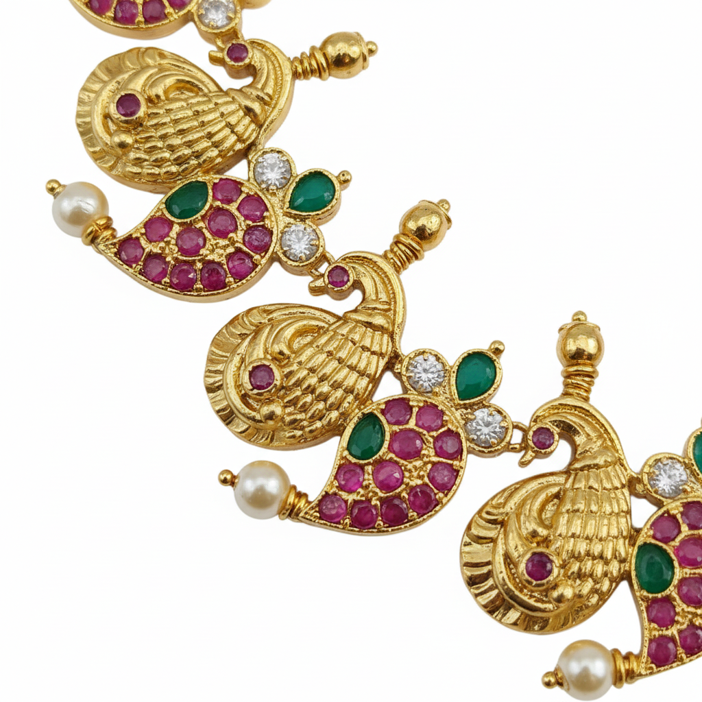 Close-up detail of kempu mango peacock necklace craftsmanship