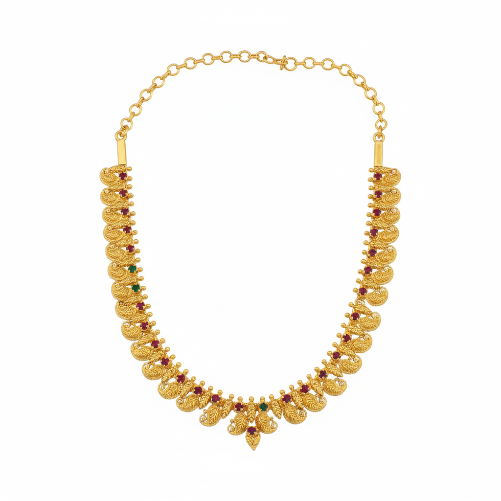 Traditional temple peacock necklace with 24K gold plating and Kempu stones on white background