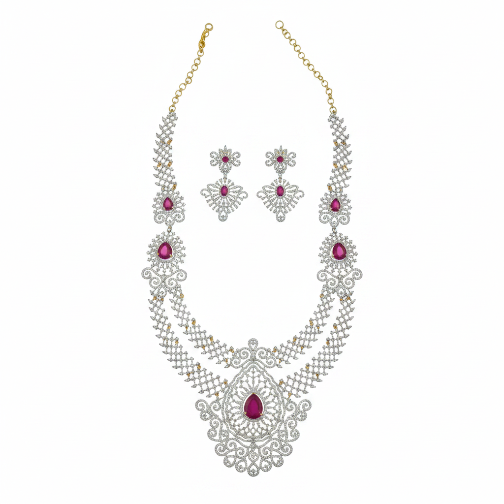 Diamond Replica Long Necklace Set with Ruby Stones – Full Set White Background