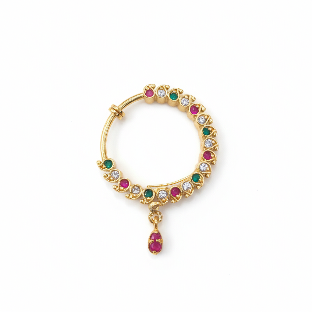 24K gold plated non-piercing nose ring with pink and clear alternating gemstones on white background