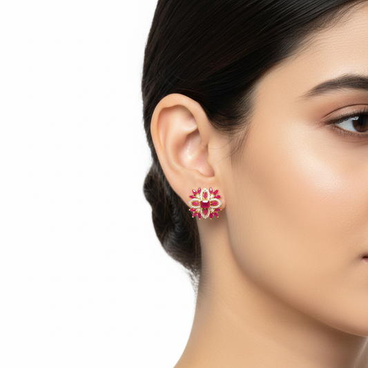 Model wearing ruby red starburst flower stud earrings