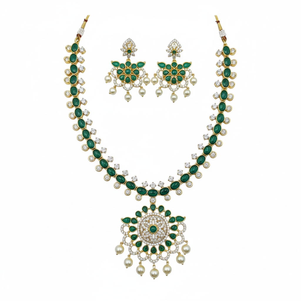 Emerald green CZ necklace set flat lay white background