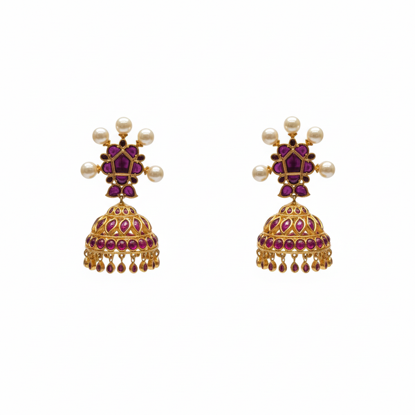 Kempu Pearl Cross Stud Jhumka pair on white background – product shot