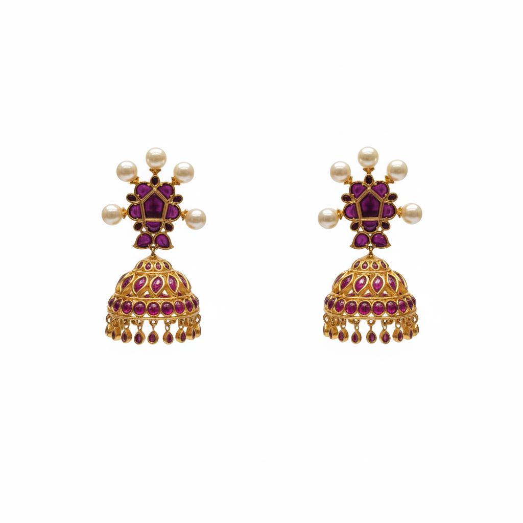 Kempu Pearl Cross Stud Jhumka pair on white background – product shot