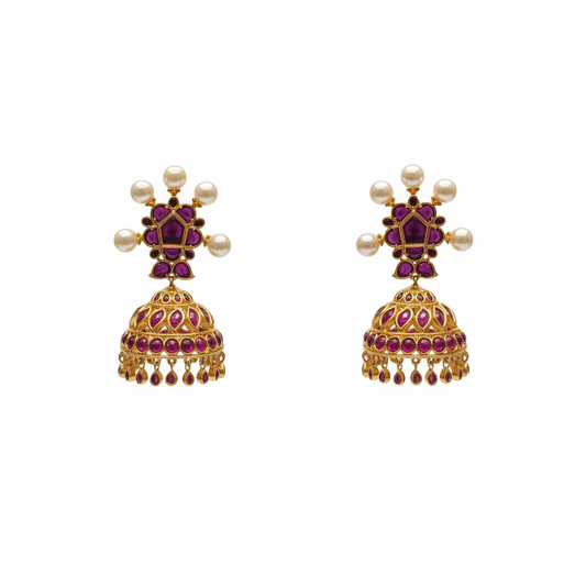 Kempu Pearl Cross Stud Jhumka pair on white background – product shot