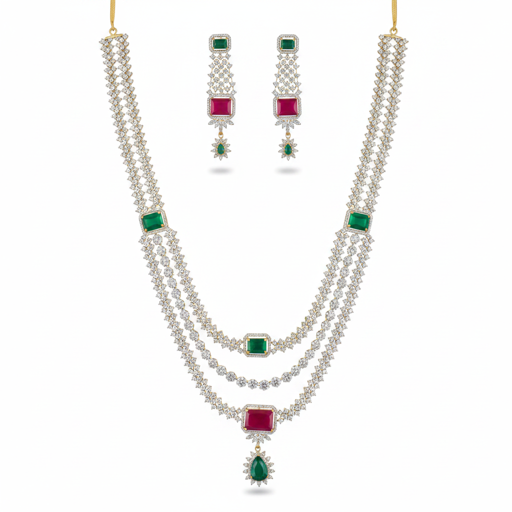 Multi-Colour Diamond CZ Necklace & Earring Set – white background studio shot