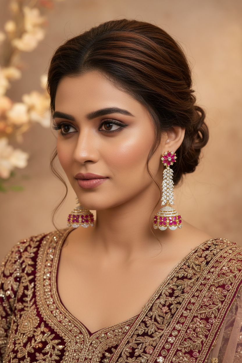 Pink CZ Jhumka - Model Wear