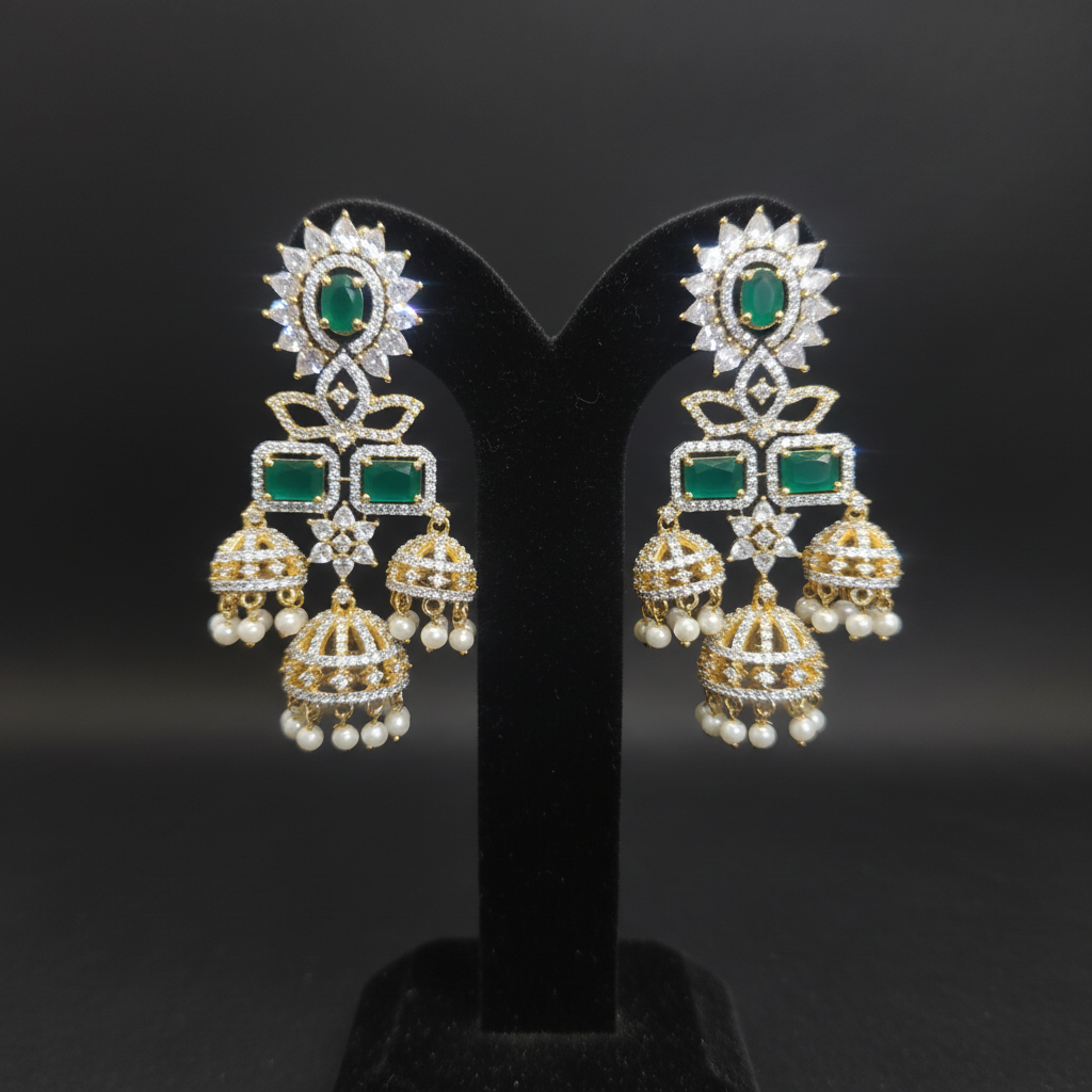American Diamond Chandbali Earrings - Velvet Display Stand