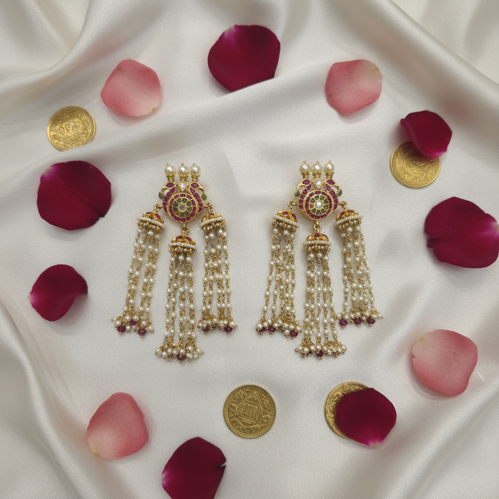 Polki Kundan Pearl Tassel Earrings - Flat Lay on Ivory Silk