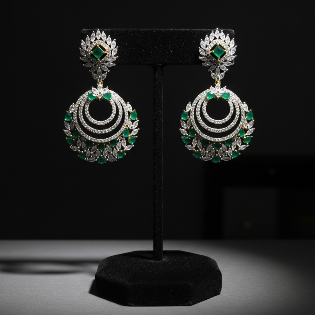 CZ Triple Crescent Chandbali Earrings - Velvet Display Stand