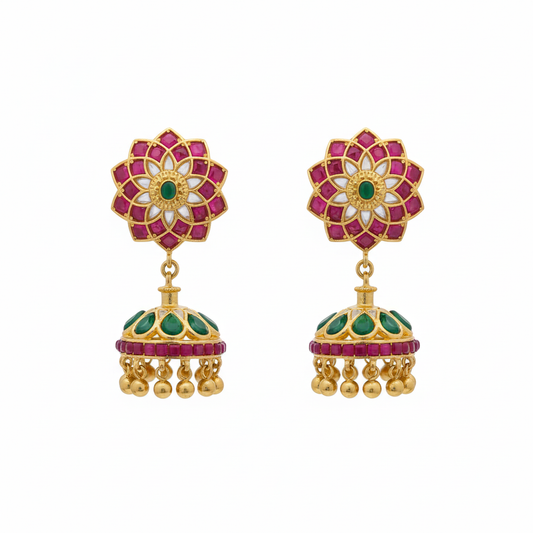 Emerald Kundan Lotus Jhumka - White Background Hero Shot