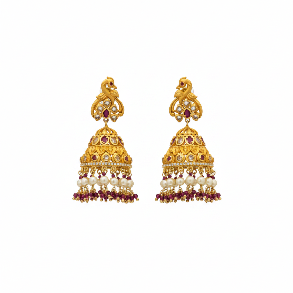Flat lay - Matt Finish Polki Jhumka - Ruby pearl variant