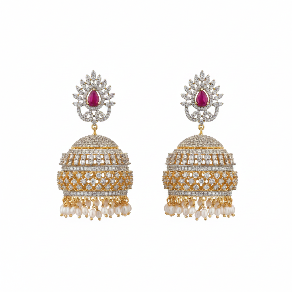 CZ Diamond Jhumka With Pearl Drops - Flat Lay White Background