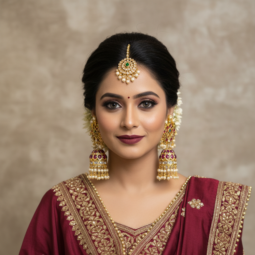 Model wearing Grand Kempu Polki Chandbali Jhumka