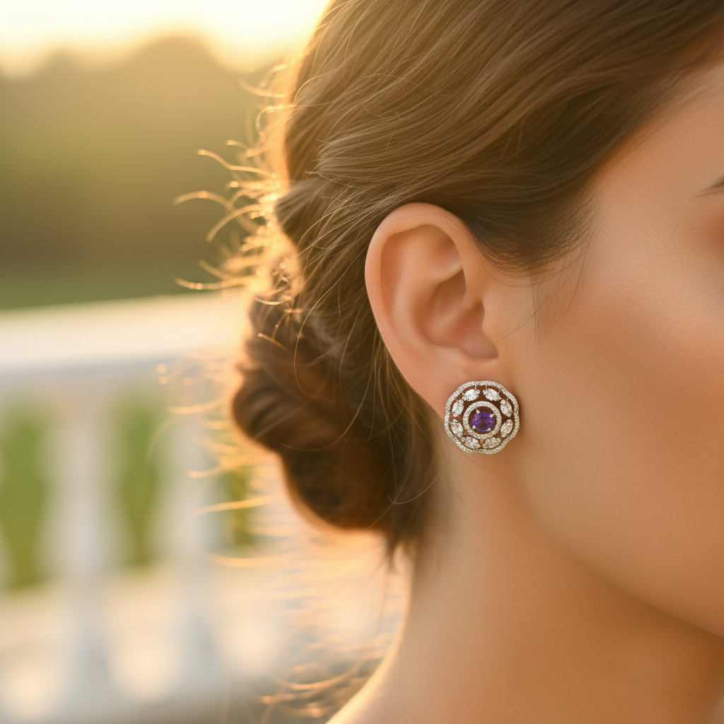 Purple CZ Halo Stud Earrings - Lifestyle on-ear shot