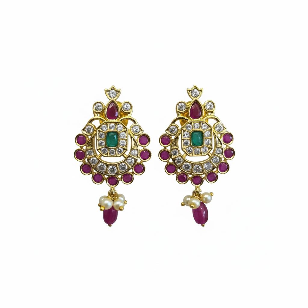 CZ Chandbali Studs - Ruby Variant - White Background Hero