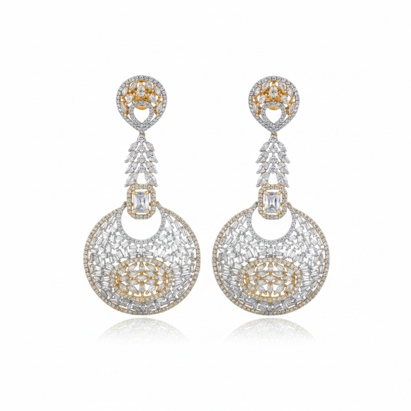 CZ Baguette Disc Chandelier Earrings - White CZ White Background