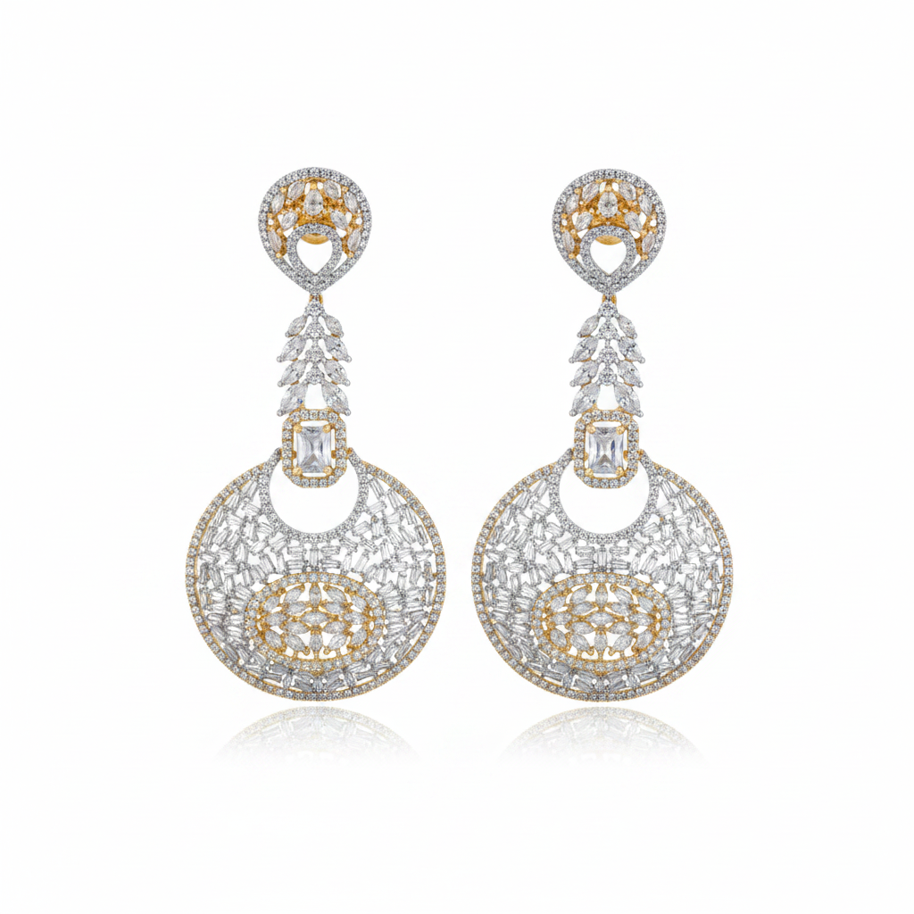 CZ Baguette Disc Chandelier Earrings - White CZ White Background