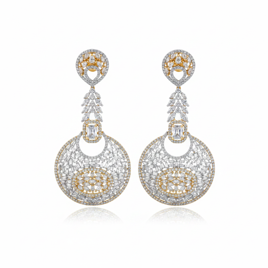 CZ Baguette Disc Chandelier Earrings - White CZ White Background