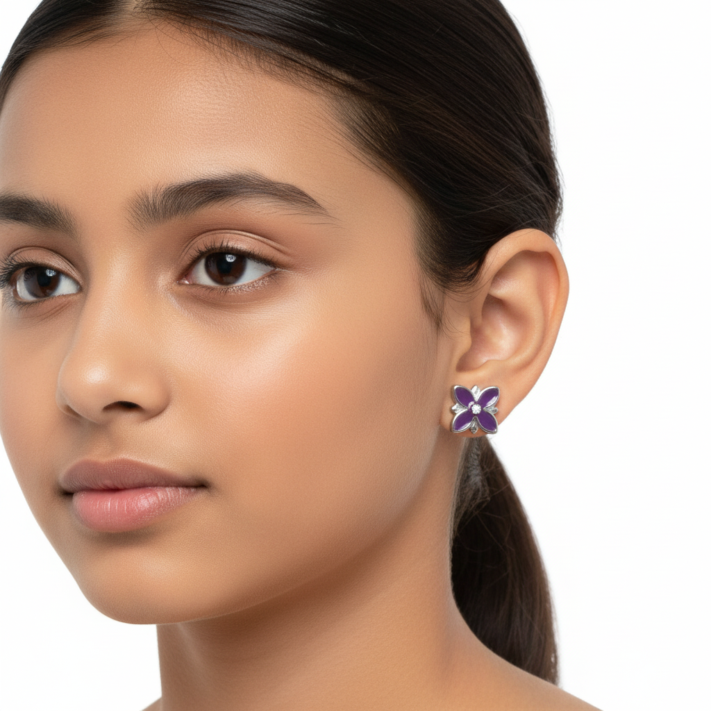 925 Silver Purple Butterfly Earrings for Kids - Elegant Flower Studs