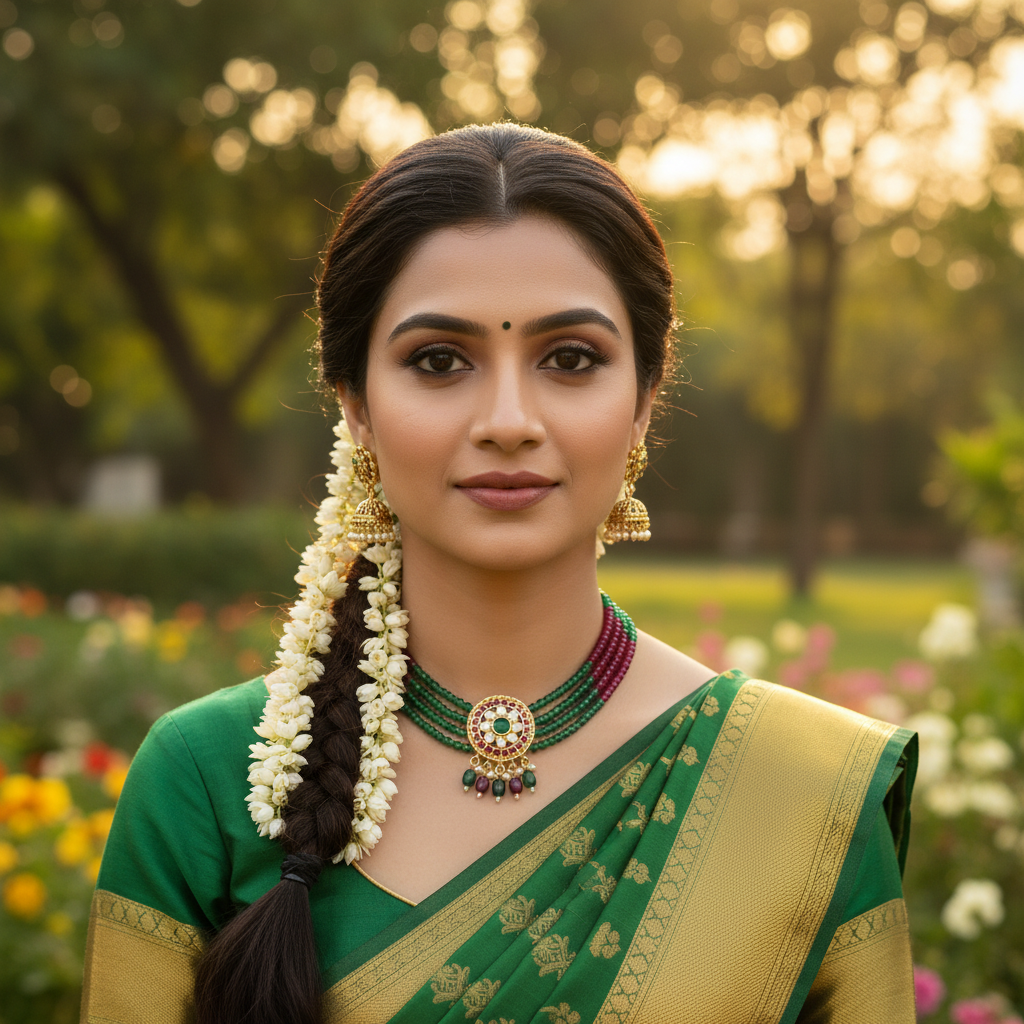 Woman wearing emerald and ruby choker in natural garden setting