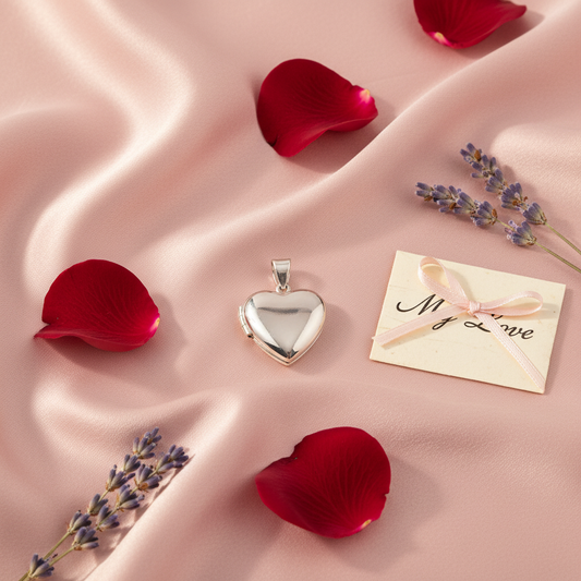 Silver Heart Locket Pendant – romantic flat lay with rose petals