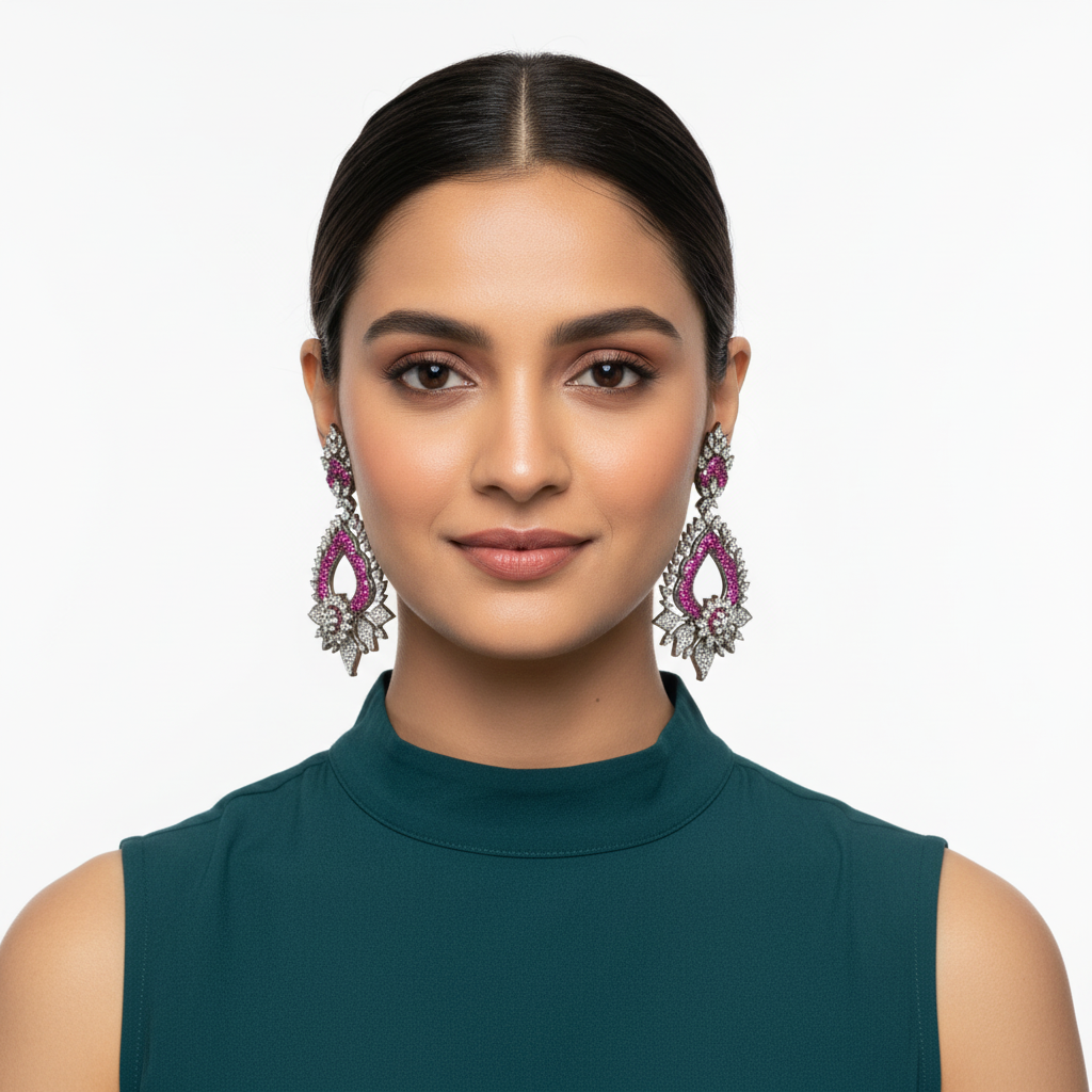Model wearing Victorian Ruby Pink CZ Chandelier Earrings
