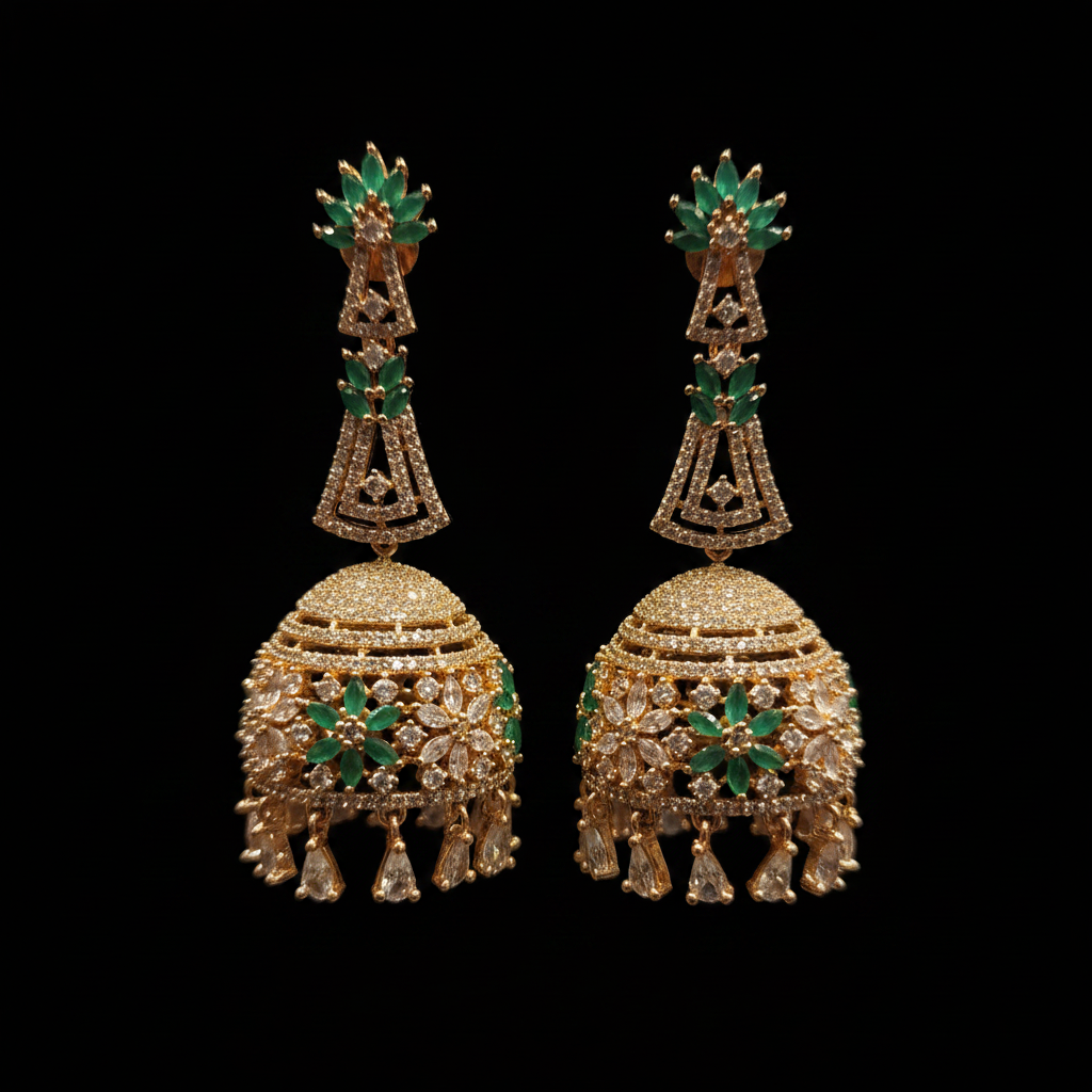 Close-up macro detail of CZ long jhumka earring with green marquise stones and crystal drops