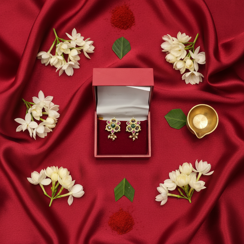 Kempu Polki Flower Stud Earrings flat lay cultural context