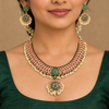 South Indian model wearing Kempu necklace and matching 2-inch earrings