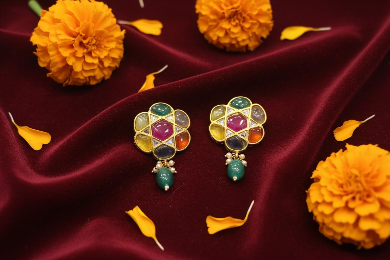 Handmade Navratna Jadau Kundan Earrings lifestyle flat lay with marigold flowers