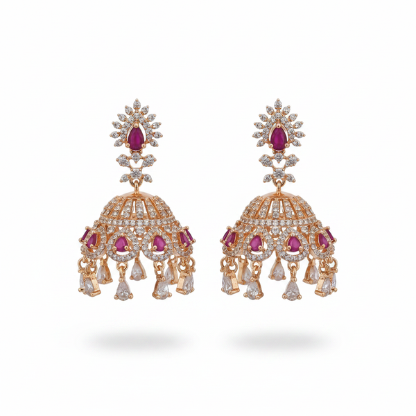Rose gold CZ jhumka earrings pink - white background product shot
