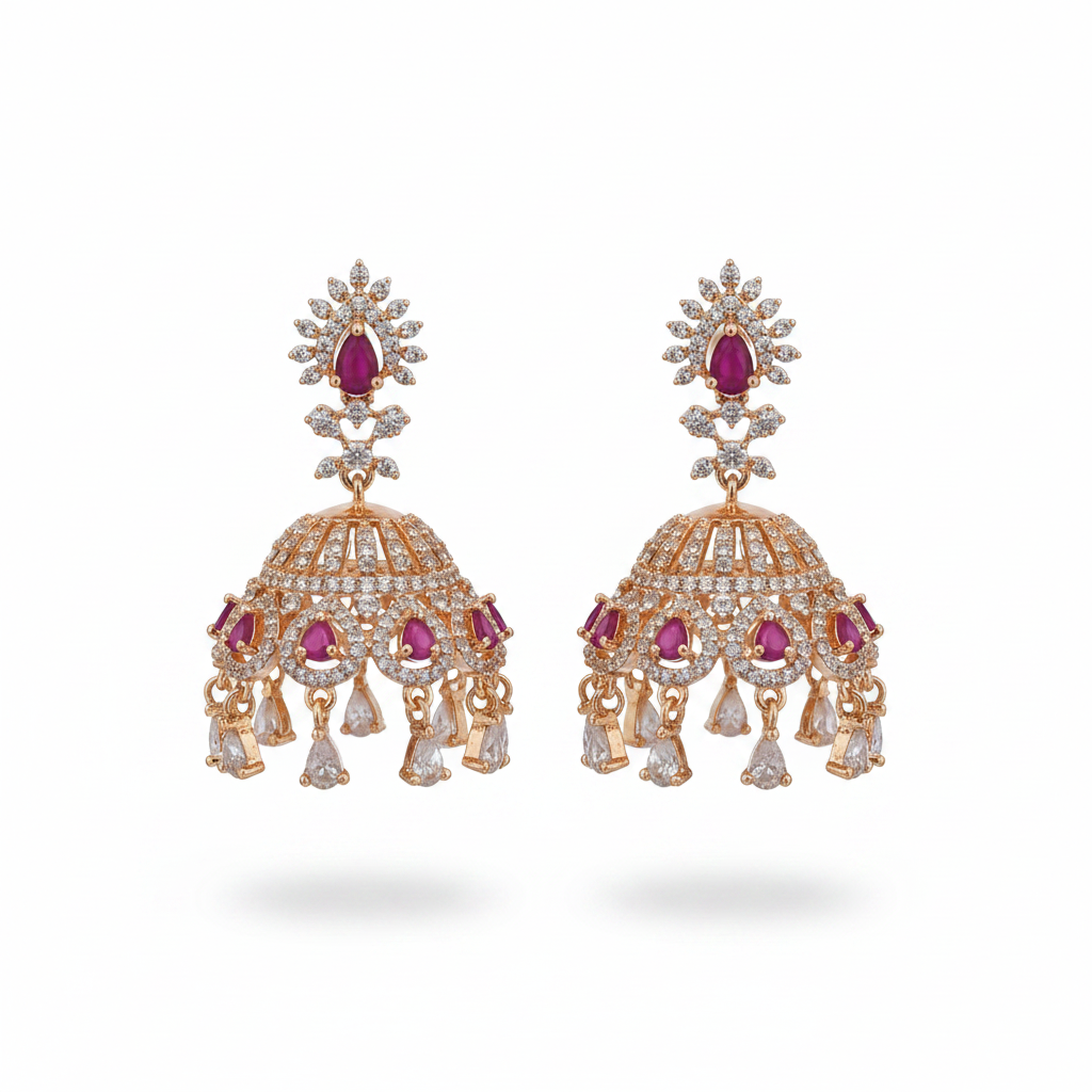 Rose gold CZ jhumka earrings pink - white background product shot
